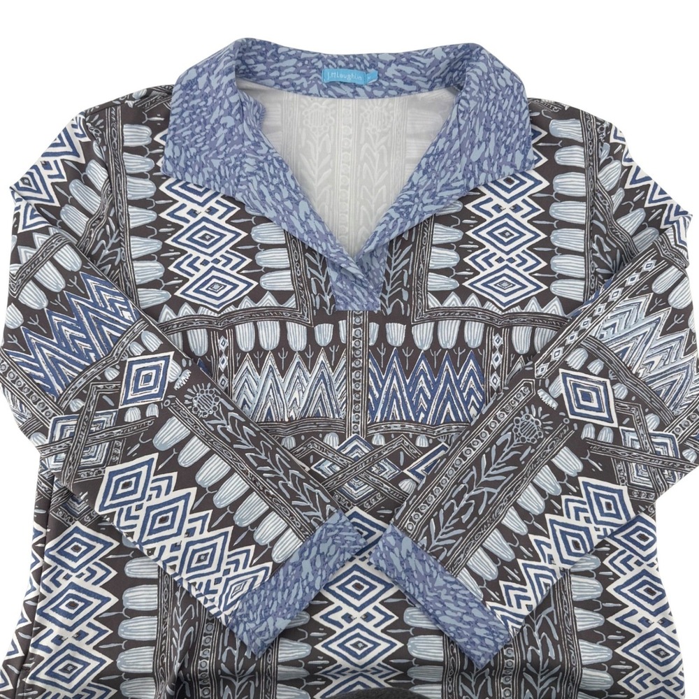 J.McLaughlin Shift Dress Womens M Blue Grey Geometric Catalina Cloth 3/4 Sleeve